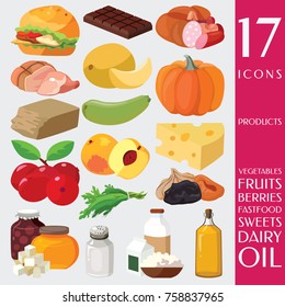 Food. Fruits, vegetables, fats, meat, cereals, dairy products. For your convenience, each significant element is in a separate layer. Eps 10