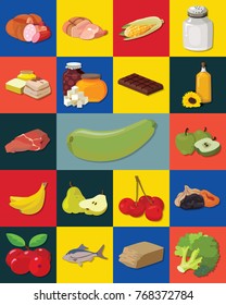 Food. Fruits, vegetables, fats, meat, cereals, dairy products. For your convenience, each significant element is in a separate layer. Eps 10