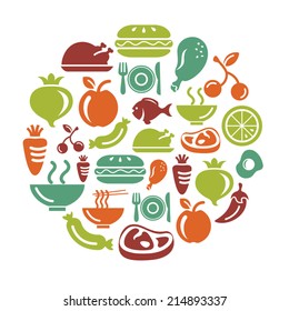 Food, Fruits and Vegetables Icons in Circle Shape