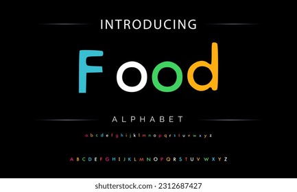 Food Funky colorful cartoon font type. Vector alphabet