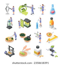 Food of future isometric icons set of smart farming genetically modified products 3d printer artificial meat in tube isolated vector illustration