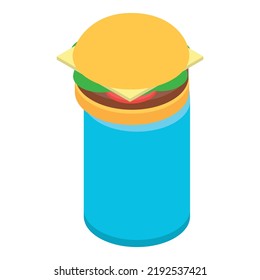 Food garbage icon isometric vector. Classic cheeseburger in street trash can. Household waste, sorting and recycle garbage, ecology concept
