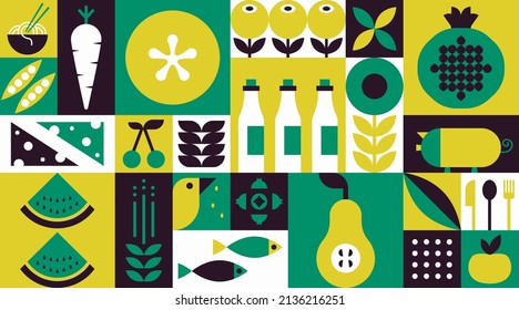 Food Geometric Mosaic Background. Natural Organic Fruit Vegetable Pattern Simple Swiss Bauhaus Style. Vector Illustration