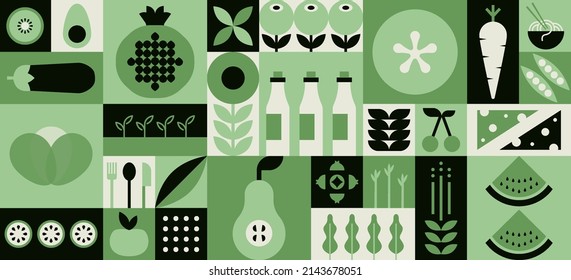 Food geometric mosaic background. Natural green organic fruit vegetable pattern bauhaus style. Vector illustration