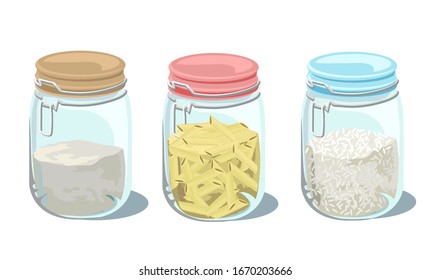 food glass jar containers with pasta flour and rice on white background 