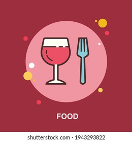food with glass of red wine and fork on red background flat concept design