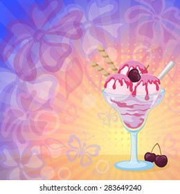 Food, Glass with Sundae Ice Cream with Syrup, Waffles and Cherry Berries on Abstract Background with Silhouettes Flowers, Butterflies, Rings and Rays. Eps10, Contains Transparencies. Vector