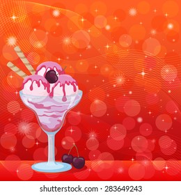 Food, Glass with Sundae Ice Cream with Waffles and Cherry Berry on Abstract Background with Circles, Stars and Curves. Eps10, Contains Transparencies. Vector