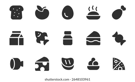 Food glyph icons pack for web design. Solid icon set with bread, apple, egg, chicken leg, milk package, fish, jar, cake, candy, sausage, cheese, pizza, steak and more pictograms. Vector illustration.