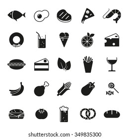 Food glyph icons vector set. Collection of 25 solid black nutrition symbols