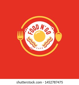 Food And Go Bistro Logo. Street Food Emblem. Fork, Spoon And Fried Eggs With Bacon In The Red Background. Cafe Or Restaurant Emblem. 