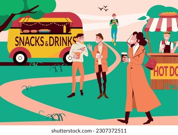 Food to go city background with coffee truck and hotdog street shop in park flat vector illustration