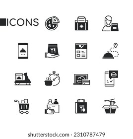 Food to go and delivery - set of line design style icons isolated on white background. High quality images of pizza, restaurant app, menu, grocery cart, cook dish, courier and online order idea