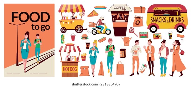 Food to go flat composition with ice cream cart fast food truck people walking and eating isolated vector illustration