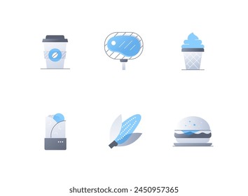 Food to go - flat design style icons set. High quality colorful images of coffee in cup, grilled steak, ice cream cone, shawarma, corn on the cob, hamburger. Harmful but tasty snack. Menu in the cafe