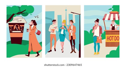 Food to go flat posters with people drinking and eating fast food outdoors isolated vector illustration