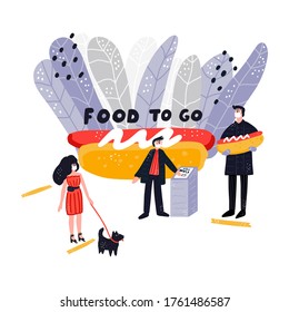 Alimentos para la ilustración vectorial dibujada a mano. Gente haciendo fila manteniendo el distanciamiento social para prevenir la propagación de la infección por el coronavirus. Nuevas normas para la industria de los restaurantes