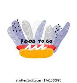 Food to go - hand drawn vector lettering above big hot dog. New rules for restaurant industry to prevent spread of coronavirus infection