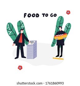 Food to go - hand drawn vector illustration. Man makes takeaway order through terminal to prevent spread of coronavirus infection. New rules for restaurant industry