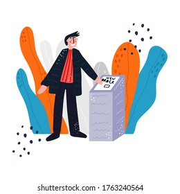 Food to go - hand drawn vector illustration. Man makes takeaway order through terminal to prevent spread of coronavirus infection. New rules for restaurant industry