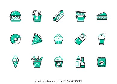 Food to go - set of line design style icons isolated on white background. Images of hamburger, french fries, sausage roll, wok, pizza, muffin, ice cream, chips, donut, bucket of chicken drumsticks