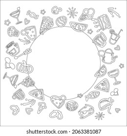 Food is good vector template on the white background. Food, kitchenware items, cakes, cockatiels, pizza, cups, abstract elements on the black. Round circle template for your design project.