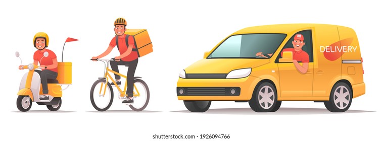 Food And Goods Delivery Service. Online Ordering And Tracking In The Mobile Application. Happy Courier Rides A Scooter, Bike And Van. Vector Illustration In Cartoon Style