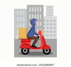 Food and goods delivery. Transport, city, houses. Pizza delivery man, scooter courier. Man in helmet riding scooter. Vector illustration, background isolated.