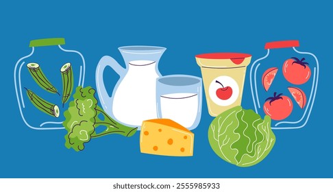 Food goods difference health diet concept. Vector flat graphic design illustration