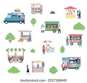 Food and goods market concept. Farm products on stalls and counters. People walking on market, choose fruits vegetables honey, vector scene