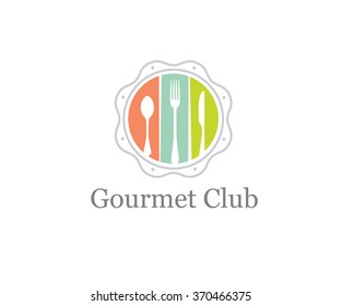 Food Gourmet Club Creative Vector Design Element. Spoon, Fork and Knife Inside Whimsical Circle