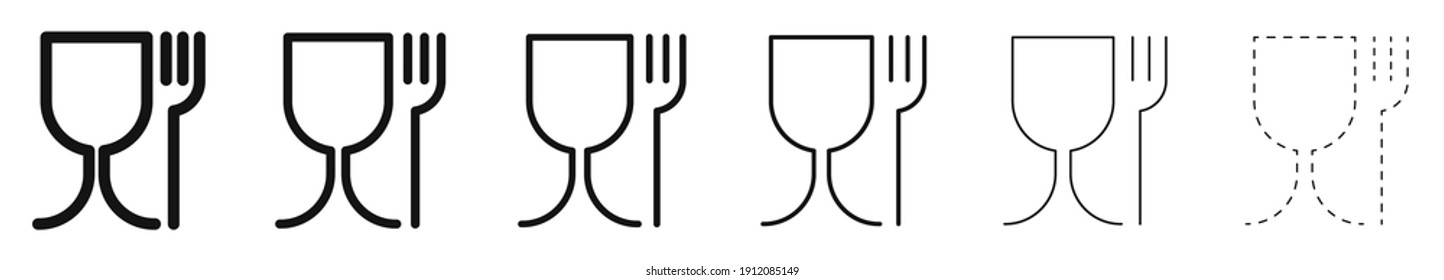 Food grade plastic. Set of vector signs with different line thickness. Food safe material. Wine glass and fork symbol