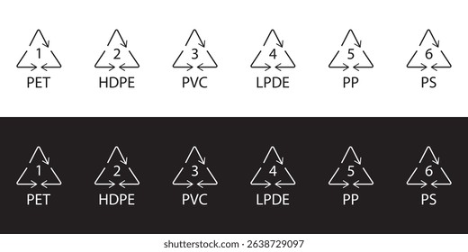 Food Grade sign isolated, Packaging symbols for plastic food grade, Plastic recycling code symbol PETE, HDPE, PP, LDPE, PS, recycle symbol vector illustration, set of plastic recycling code isolated