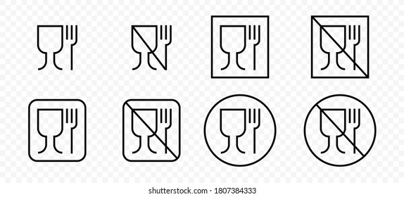 Food grade vector icons set. Wine glass and fork symbols.Icon for safe and non-safe use with food products. Vector illustration.