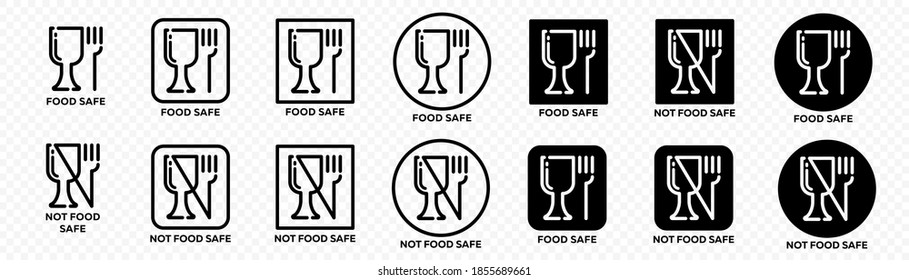 Food grade vector icons set. Wine glass and fork symbols.Icon for safe and non-safe use with food products. Vector illustration.