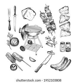 Food and grill for barbeque engraved illustrations set. Hand drawn sketch of grill, meat, beef, sauce, vegetables isolated on white background. Barbeque party, cafe, restaurant, grilled food concept