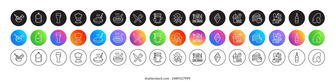 Food, Grill pan and Porridge line icons. Round icon gradient buttons. Pack of Cake, Cooler bottle, Fast food icon. Cooking chef, Ice cream, Peanut pictogram. Cooking whisk, Brandy bottle, Tea. Vector