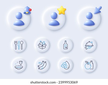 Food, Grilled sausage and Plate line icons. Placeholder with 3d cursor, bell, star. Pack of Alcohol free, Apple, Food donation icon. Recycle water pictogram. For web app, printing. Vector