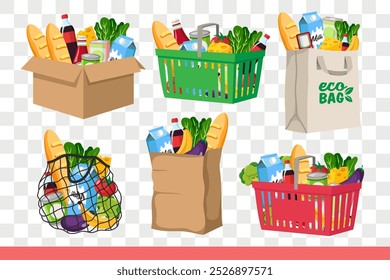 Comida y abarrotes en cajas de cartón o bolsas y cestas de supermercado. Deliciosos alimentos y bebidas comprados en la tienda de comestibles para una dieta equilibrada sin exceso de calorías y carbohidratos.