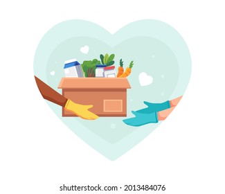 Ilustración de donación de alimentos y alimentos. Voluntario sosteniendo una caja de donaciones con comida usando guantes protectores, dando una caja de donación, concepto de Solidaridad y caridad. Ilustración vectorial en un estilo plano