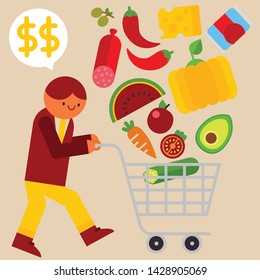 Food and Groceries items falling inside the trolley of a Business man
