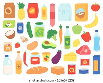 Food groceries. Shop products in bags and bottles. Supermarket snack, pasta and tomato can, milk and cereals. Grocery goods vector set. Illustration supermarket, sausage and bread, cheese and avocado