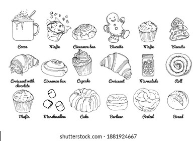 Lebensmittel und Lebensmittel Vektorsymbole. Getränke, Kekse, Süßigkeiten, Süßigkeiten, Honig, Croissants, Brötchen, Muffins und Cupcakes