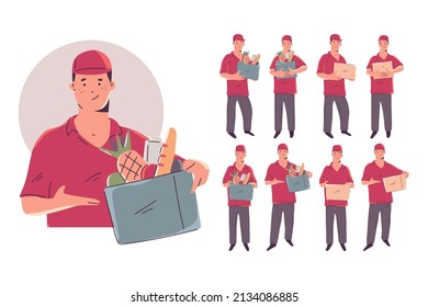 Food and grocery delivery vector cartoon deliveryman characters set isolated on a white background.