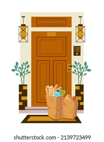 Food grocery deslivery to door from supermarket. Design graphic element illustration