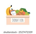 Food and grocery donation concept, charity, food donation for hungry people, humanitarian help, charitable voluntary aid for needy people, volunteers donating charity box flat vector illustration.