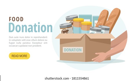 Food and grocery donation concept. Charity, food donation for needy and poor people. Vector web banner. svg