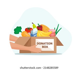 Food and grocery donation concept. Charity, food donation for needy people. Volunteering donate with nutrition products. Vector flat illustration . Eps 10