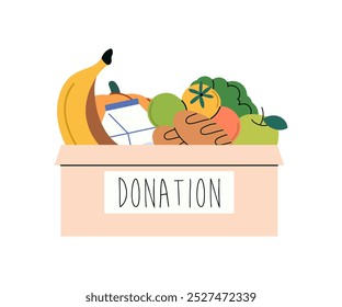 Conceito de doação de alimentos e supermercado, caridade, doação de alimentos para pessoas famintas, ajuda humanitária, ajuda voluntária beneficente para pessoas carentes, voluntários doando ilustração de vetor plana caixa de caridade.