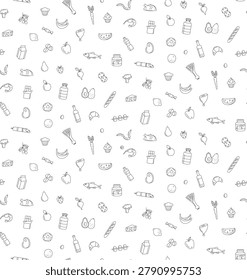 Food and grocery doodle seamless pattern with fresh fruits, vegetables, bakery items, drinks and kitchen essentials. Line art for food brands, grocery stores and packaging. Vector illustration